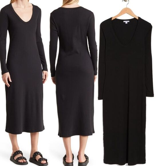 JAMES PERSE V-neck Ribbed Long Dress In Black Size 4 - Picture 6 of 8